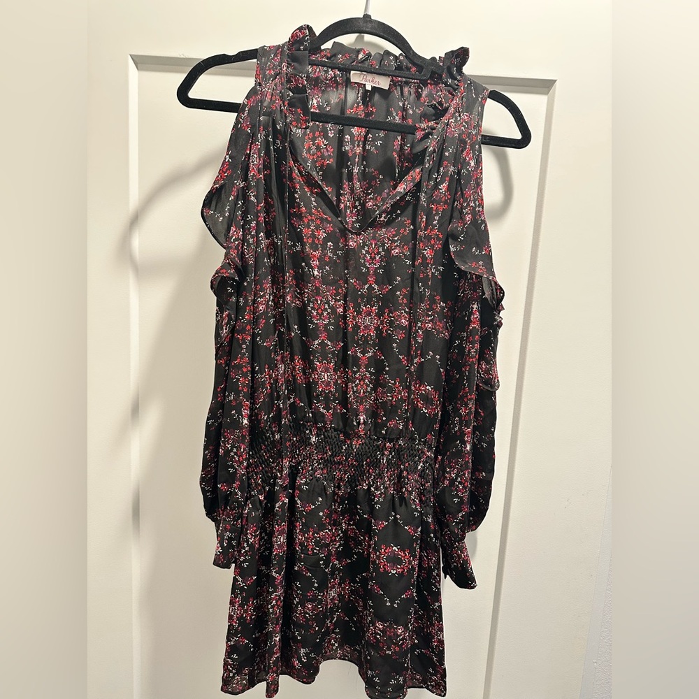 Parker Black Silk Dress with Red and White Floral Print